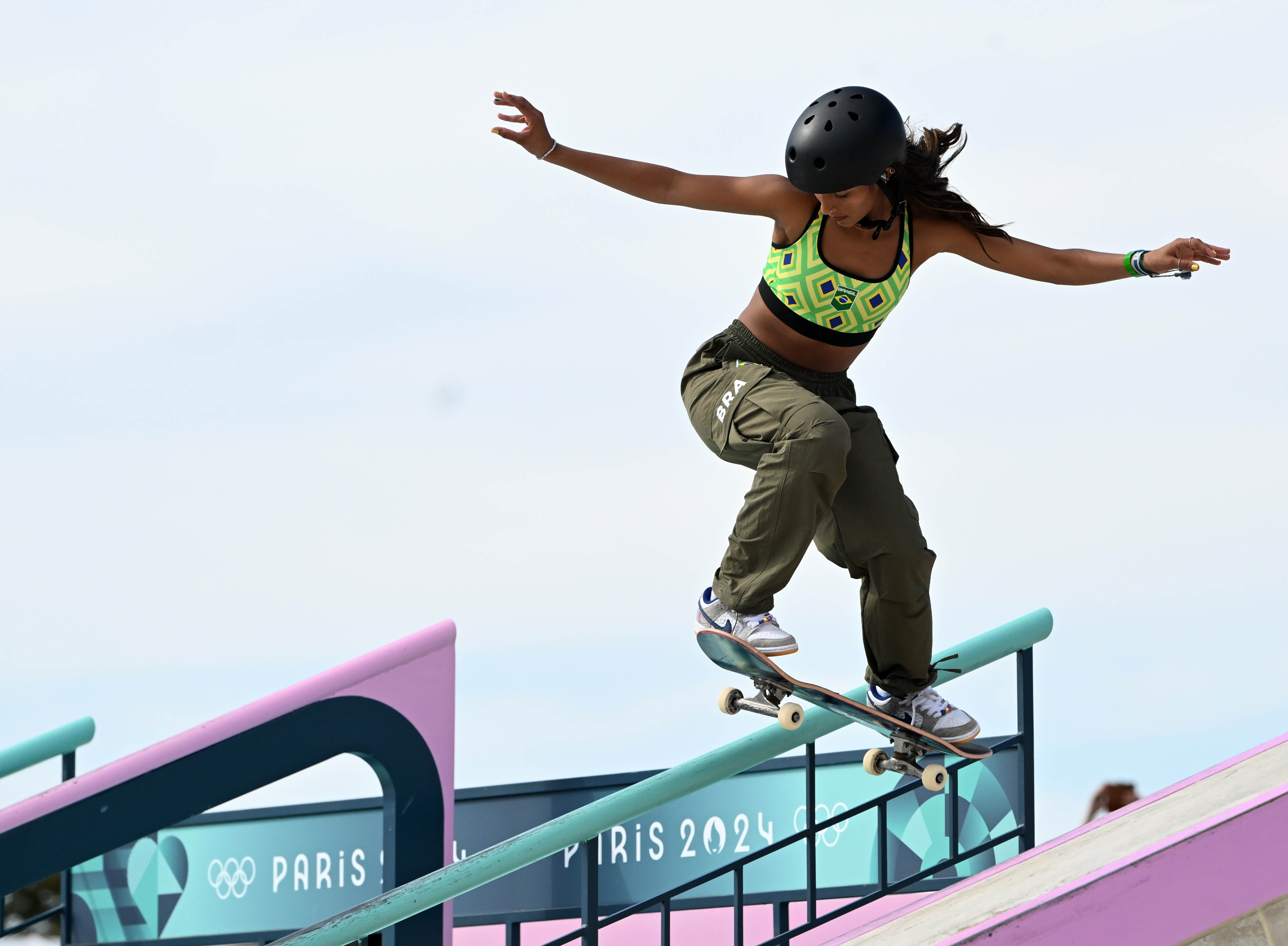 Young female skateboarder competing in the Olympics for the first time in Paris